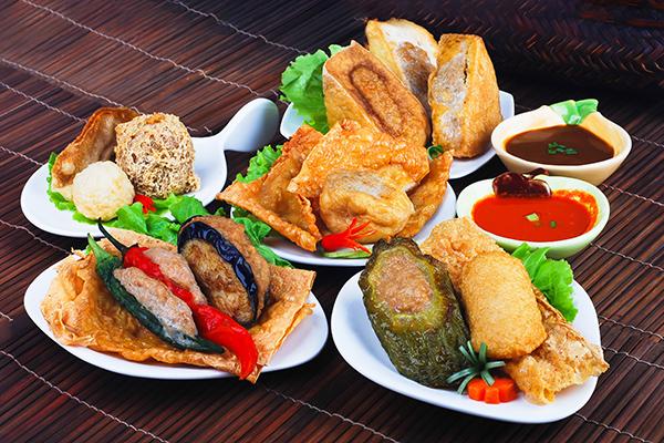 Yong Tau Fu. delicious Asian cuisine of fish paste stuffed Various dishes of cooked Yong Tau Foo